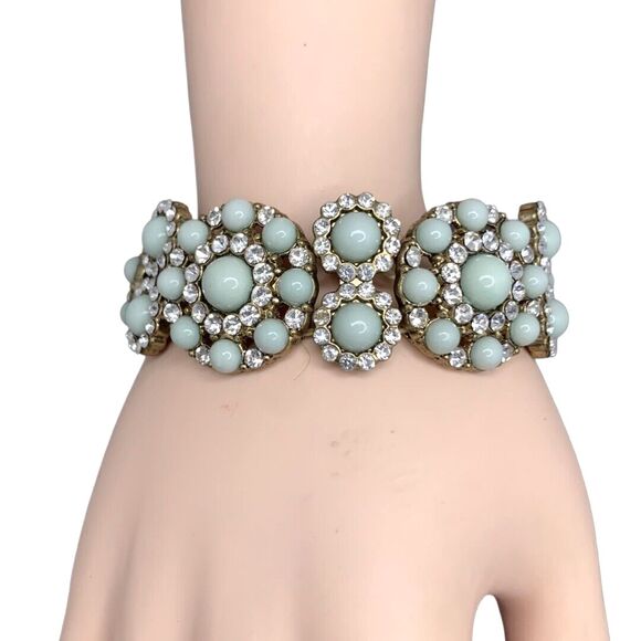 VTG Light Gray Flower Bracelet 6.5" Stretch Icy Rhinestone Formal Cottagecore - Picture 1 of 6